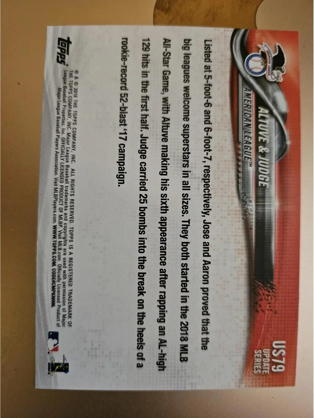 2018 Topps Update - Aaron Judge & Jose Altuve #US79 - RAW Mint - Picture 2 of 2